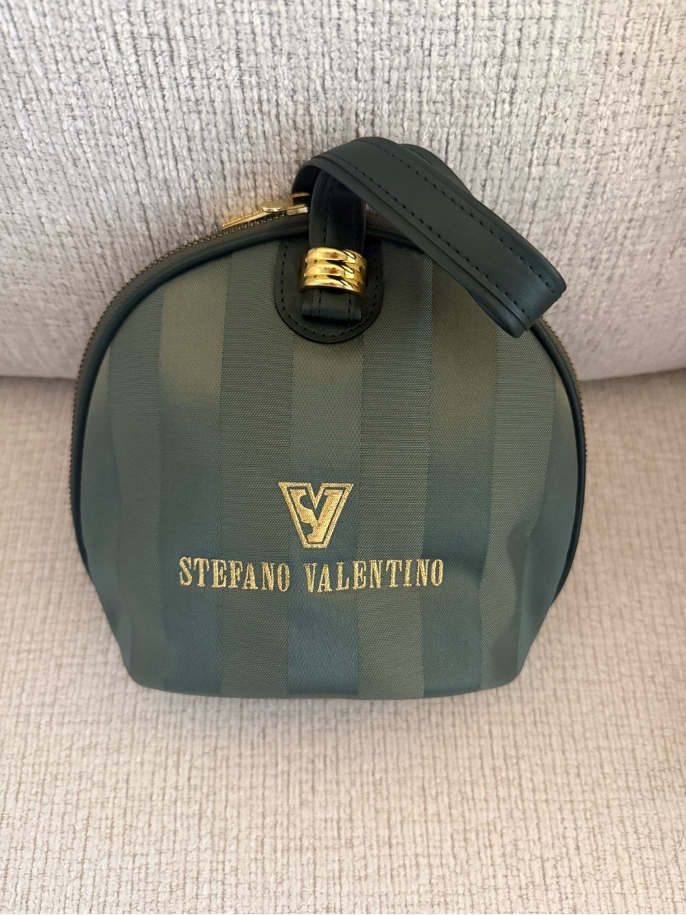 Valentino Olive Green Striped Toiletry Pouch with Gold Logo